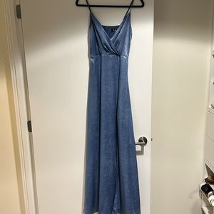 Periwinkle blue satin maxi dress with slit from Lulus, size S